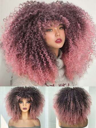 10-16英寸卷曲蓬松渐变粉色合成假发，带刘海，耐热纤维，适合日常佩戴和角色扮演