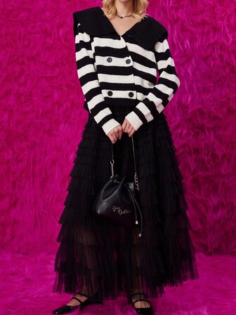 Women's Lapel Double-Breasted Striped Knit Sweater