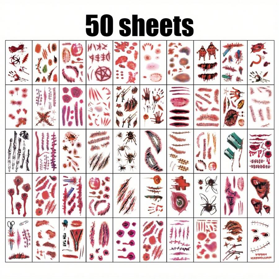 50 Sheets Fake Scars Temporary Tattoos, Horror Realistic Wound Stitch