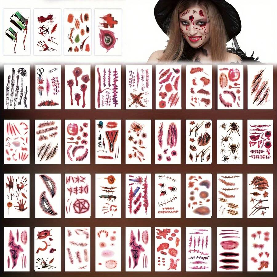 50 Sheets Fake Scars Temporary Tattoos, Horror Realistic Wound Stitch