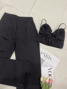 Elegant Tailored Set With Palazzo Pants And Cropped Top/DD032 - 黑色 - 查看 4