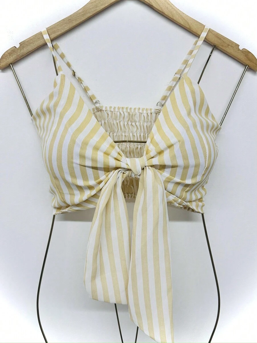 Striped Crop Top With Padding - 杏色 - 查看 1