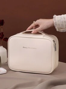 Beige PU Leather Large Capacity Waterproof Travel Portable Brushes Storage Bag Multi-Function Folding Cosmetic Bag Double Layer Makeup Bag With Handle Make Up Organizer Toiletry Bag Makeup Storage Wash Bag Waterproof Makeup Brushes Storage Outdoor Travel Handbag For Travel Vacation Organization Wash Bag For Travel Dorm Essentials Back To School Luggage Suitcase For Women And Girls Student Waterproof - Beige - View 7