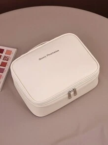 Beige PU Leather Large Capacity Waterproof Travel Portable Brushes Storage Bag Multi-Function Folding Cosmetic Bag Double Layer Makeup Bag With Handle Make Up Organizer Toiletry Bag Makeup Storage Wash Bag Waterproof Makeup Brushes Storage Outdoor Travel Handbag For Travel Vacation Organization Wash Bag For Travel Dorm Essentials Back To School Luggage Suitcase For Women And Girls Student Waterproof - Beige - View 8