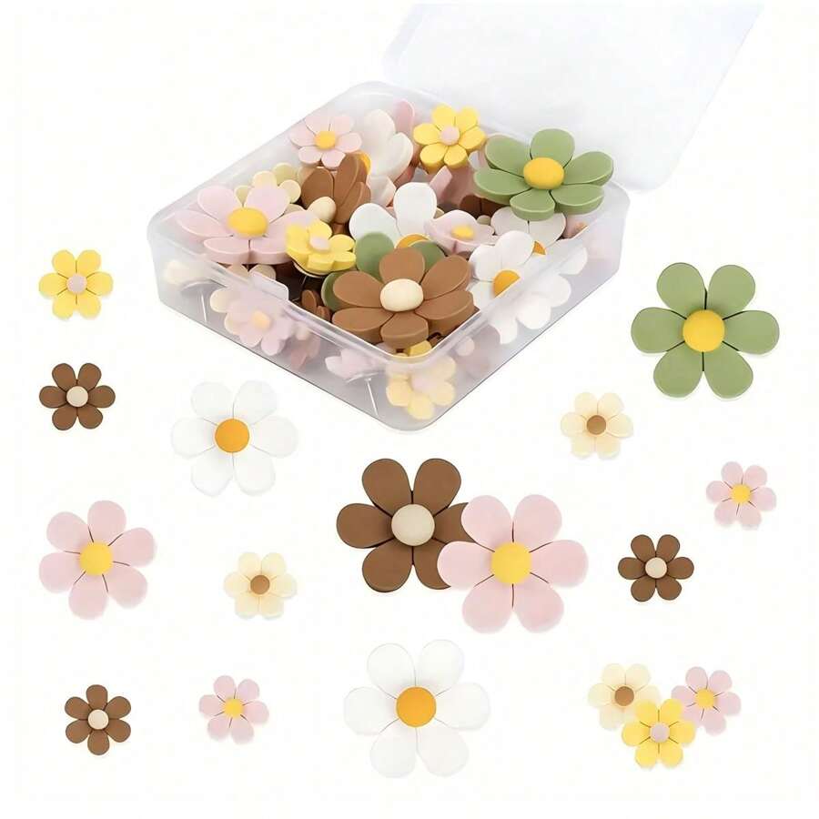 Juego de 15/30 piezas de chinchetas con estampado de flores vibrantes: Adorables alfileres decorativos para paredes de madera blanda, escritorios elegantes de mujeres y acentos de particiones - Tamaños surtidos para un uso versátil: Vuelta al cole, Vuelta al cole, Útiles escolares - Multicolor - Ver 1