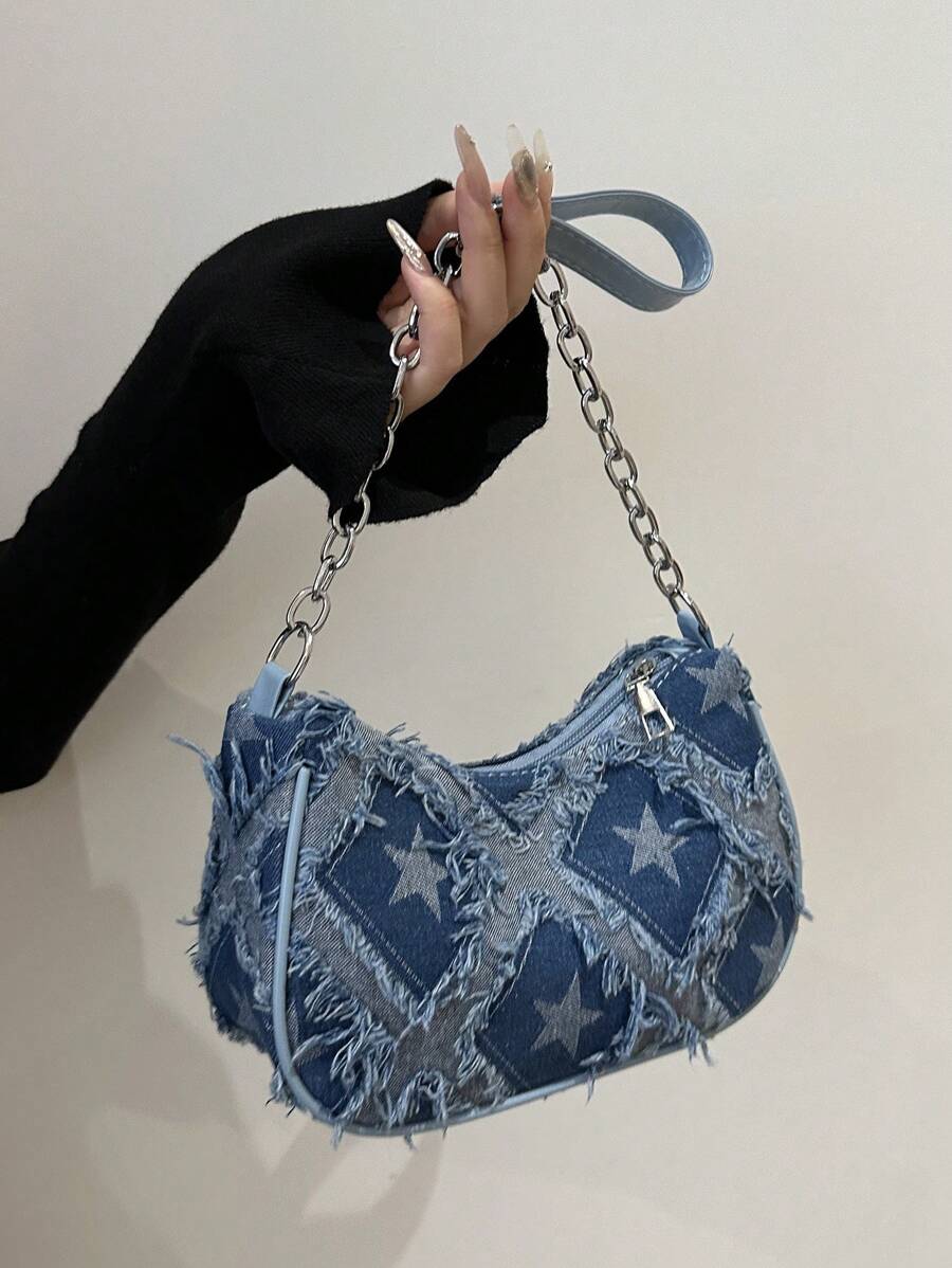 全新 牛仔布腋下包 女士手提包 时尚单肩包 法棍包 托特包 - 藏蓝色 - 查看 1