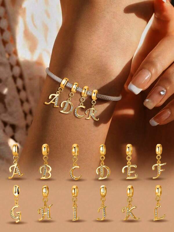 Esberry 1 Stück modischer echter 925er Sterling Silber A-Z Buchstaben Zirkonia Charm Perle für Frauen, geeignet für Armbänder, Armreifen, DIY Schmuckherstellung, Geschenkidee, hochwertiger Damenschmuck