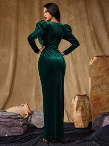 优雅优质羊腿袖剪裁合身修身植绒材料独特女士正式长袖高开叉连衣裙，适合正式晚会、舞会晚礼服、婚礼嘉宾、毕业典礼、晚宴 - 綠色 - 查看 5