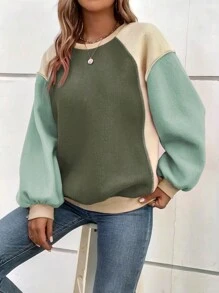 大码女式圆领落肩长袖休闲宽松拼色运动衫，秋冬 - 綠色 - 查看 2