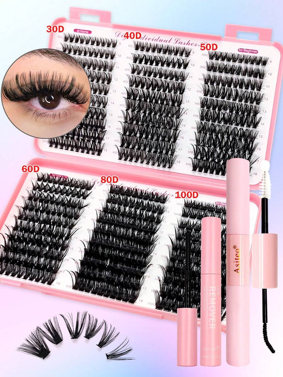 Asiteo 580 件 DIY 睫毛延长套装，D 卷曲单根睫毛，9-18 毫米，30D/40D/50D/60D/80D/100D 蓬松浓密睫毛，带二合一睫毛粘合剂和密封剂和卸妆液 - 非常适合 DIY 家庭、派对和节日 - 彩色 - 查看 1