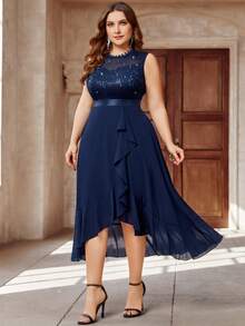 Plus Contrast Sequin Ruffle Trim Chiffon Evening Party Dress - Navy Blue - View 5