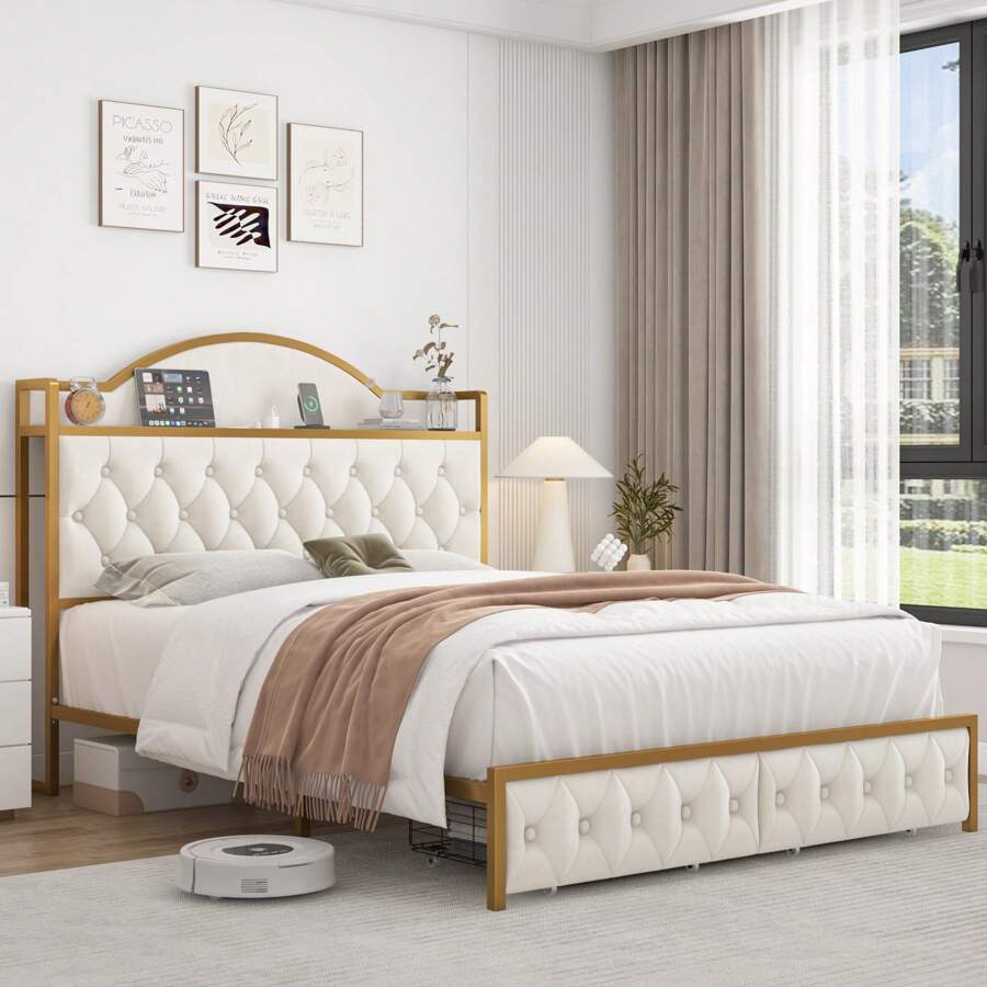 Full/Queen/King Size Bed Frame With Storage Headboard, Charging Station
