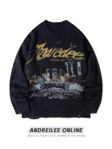 ANDREILEE 春夏秋冬新款男士街头时尚法式油画印花做旧针织衫，男女皆宜休闲圆领修身套头衫，长袖上衣 - 黑色 - 查看 1