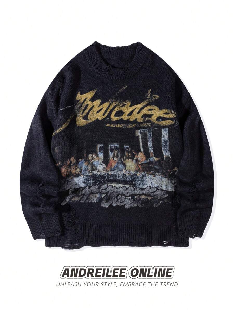 ANDREILEE 春夏秋冬新款男士街头时尚法式油画印花做旧针织衫，男女皆宜休闲圆领修身套头衫，长袖上衣 - 黑色 - 查看 1