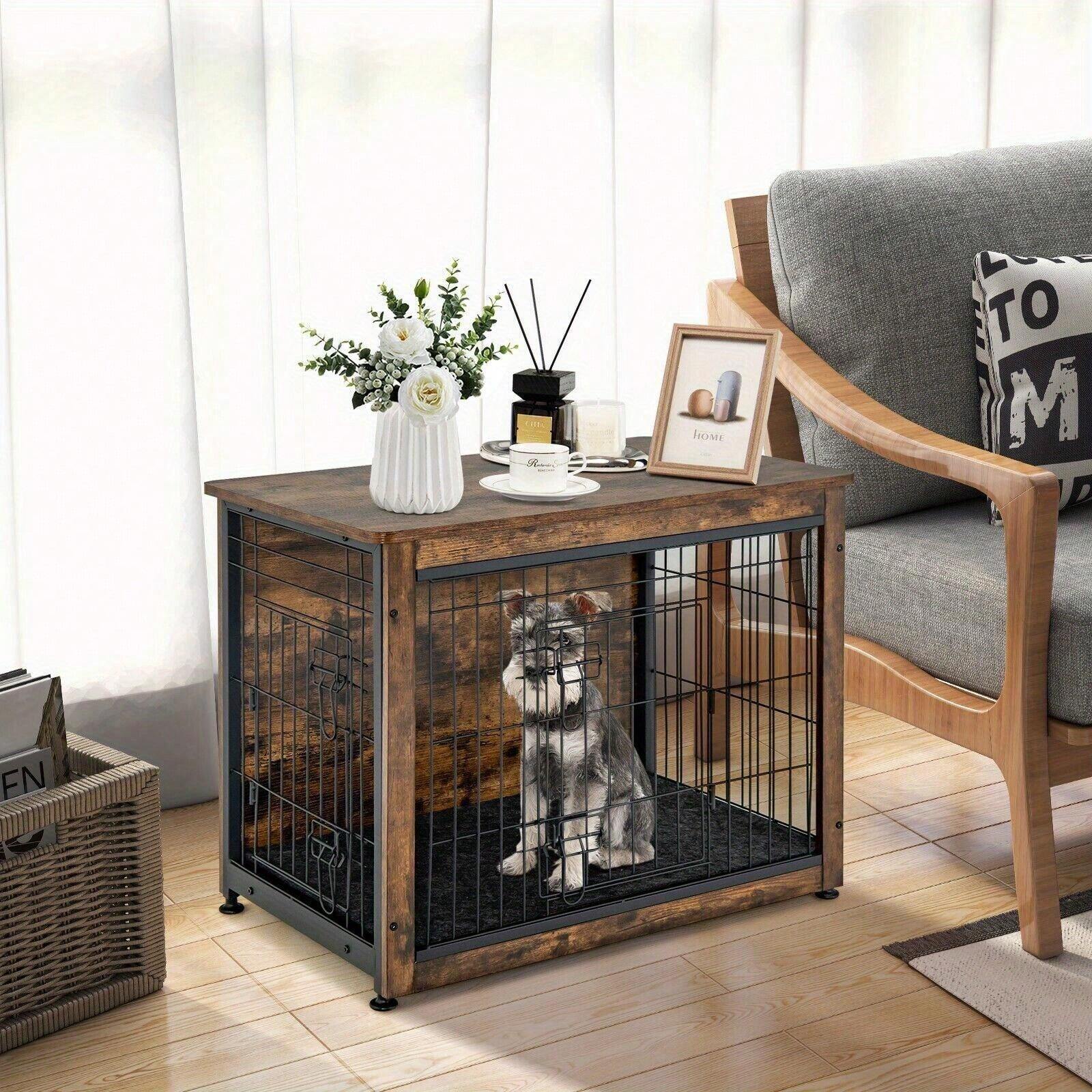 Wooden Dog Cage Furniture Style Dog Crate Dual Use Wire Pet House End