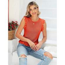 Women's Summer Knit Tank Tops Crew Neck Sleeveless Cami Shirts Tees Ruffle Sweater Vest - 橘色 - 查看 5