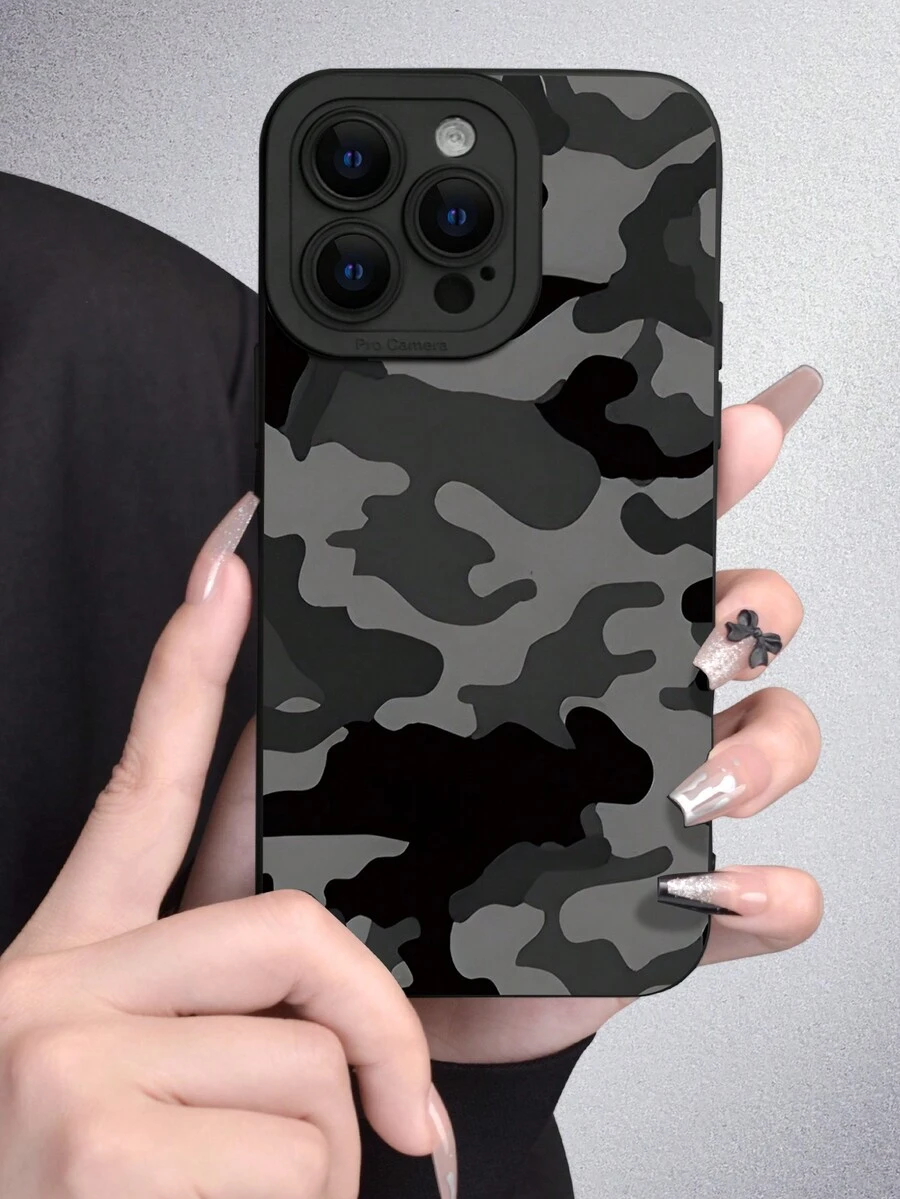 1 件时尚 2D 图案简约渐变色保护软手机壳，黑色哑光饰面，兼容 Apple & - 黑色 - 查看 1