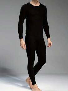 Zestaw bielizny termicznej dla mężczyzn, jednolity kolor, długi rękaw, top i spodnie, ciepłe ubrania warstwowe na zimną pogodę i sporty na świeżym powietrzu, takie jak narciarstwo, jesień/zima
