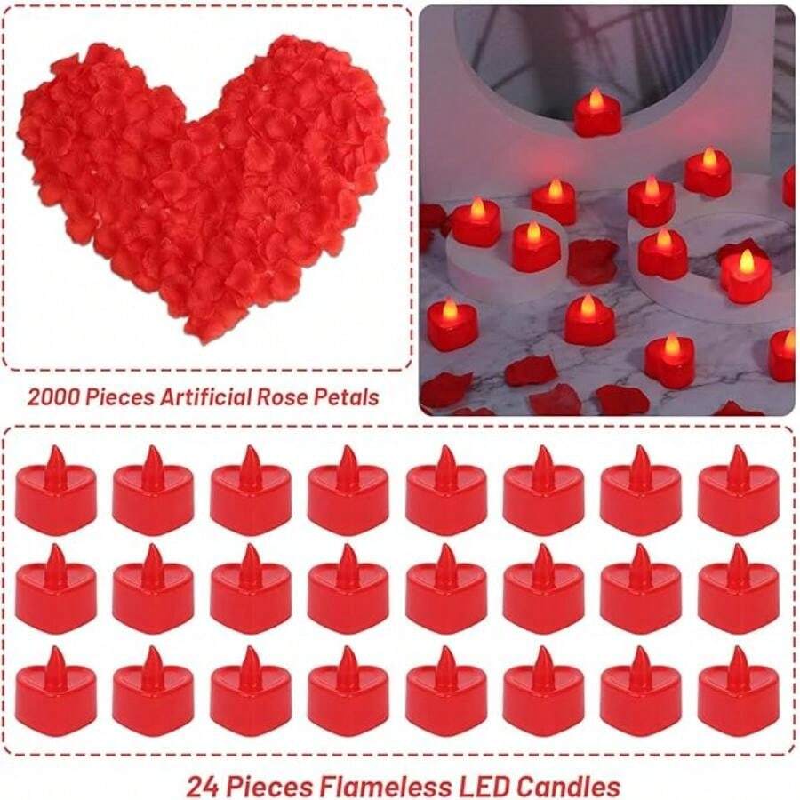 2000/1000 cánh hoa hồng nhân tạo, 24 nến LED hình trái tim, bộ nến lung linh không lửa lãng mạn, quà tặng ngày Valentine, đêm lãng mạn, cầu hôn, kỷ niệm, trang trí đám cưới, trang trí bàn ăn.