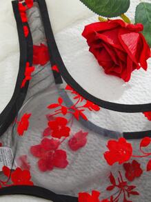 Women's Sexy Floral Flocked & Mesh Bodysuits - Black - View 4