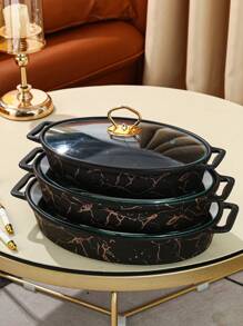 1/3 件陶瓷盘，适用于餐厅、客厅、厨房、餐盘、烤盘、砂锅，适用于面包、火鸡、奶酪、披萨、户外、婚礼、派对、礼物、生日、圣诞节、感恩节礼物、丰收节、家庭晚餐 - 黑色 - 查看 1