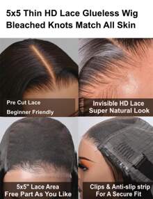 UNICE Hair 5x5 Thin HD BlendAway Lace Closure Glueless Yaki Straight Wig Pre Plucked Pre Cut HD Lace Closure Wigs Yaki Straight Human Hair Closure Wig Bleached Knots Match All Skin Tones 180% Density - SNatural - Xem 8