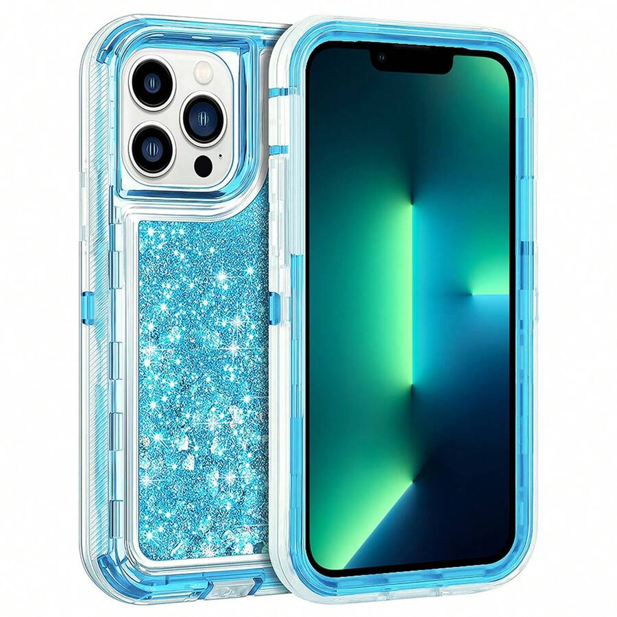 Modes Wireless For IPhone 15 Pro 6.1 Inch Dual Layer Protective Shockproof Tough Defender Sparkling Liquid Glitter Heart Case Cover - 藍色 - 查看 1