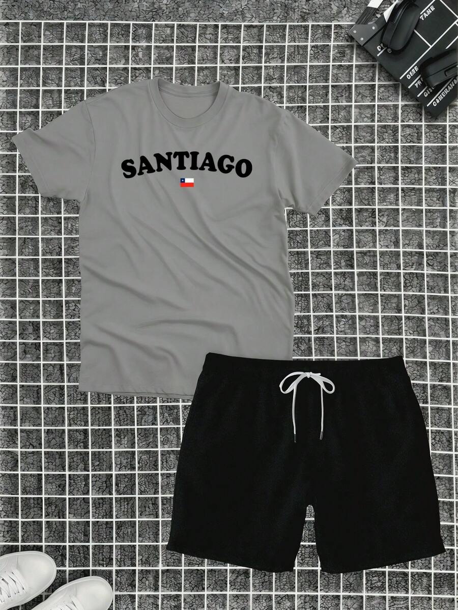 Santiago Kit Cotton T-Shirt + Tectel Shorts Summer Set - Xám - Xem 1