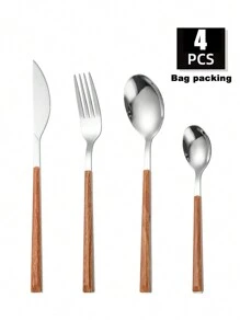 4/16/24 pièces Set de couverts en acier inoxydable, manche en plastique avec design imitation bois. Convient pour la maison, la cuisine, les fêtes, les mariages, les cadeaux de fêtes, la cuisine, les cadeaux de Noël, les fournitures scolaires
