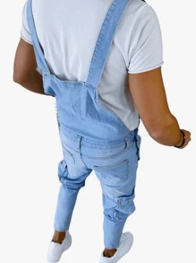 Men Retro Denim Bib Pants, Fashion Distressed Casual Jumpsuit Overalls - Màu xanh lam - Xem 2