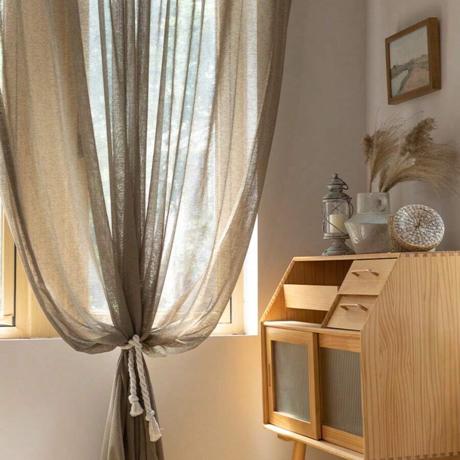 1 pieza Cortina de lino marrón de estilo chino nuevo, semi-transparente, apta para sala de estar, dormitorio, balcón, ventana del bay, estudio, oficina, decoración del hogar, excluyendo la barra y el riel de la cortina
