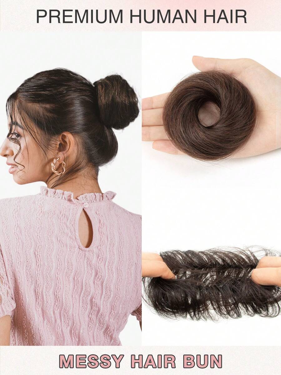1件套凌乱发髻假发片，采用真人发丝波浪卷发制成，可打造甜甜圈式优雅发髻，配有弹性橡胶发圈，方便佩戴。