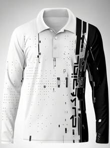 男士休闲黑白撞色印花网球Polo衫，适合通勤和日常穿着，秋季长袖上衣 - 白色 - 查看 2