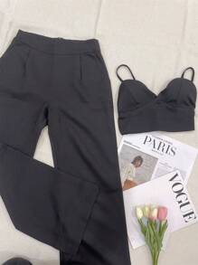 Elegant Tailored Set With Palazzo Pants And Cropped Top/DD032 - 黑色 - 查看 3