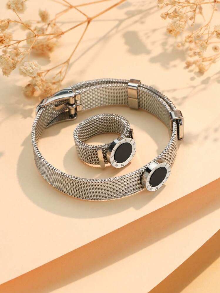 1 套/2 件不锈钢丝网腰带扣手链戒指结婚首饰套装男女皆宜 - 銀色 - 查看 2