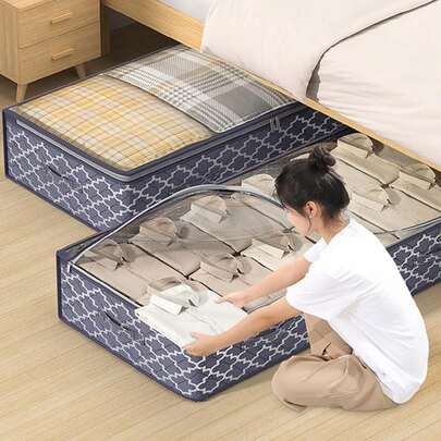 1pc Reinforced Handle Dust-Proof Underbed Storage Box, Suitable For Storing Quilts, Blankets, Bedding, Pillows And Toys; Underbed Shoe Cabinet Storage Solution With Transparent Window And Reinforced Handle, Suitable For Storing Blankets, Quilts, Bedding, Clothes; School Storage Bag; Teacher Storage Bag; Bedroom Storage; Home Storage; White T-Shirt; Black Pants; Women's Winter Clothing; Dress