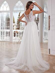 Ivory Sparkly V Neck Lace Wedding Dresses Long Train Tulle Sequin Hand Beading Out Door Wedding Bridal Gowns Semi-Sheer Mesh Tank Formal Gowns For Bride Lace Up Back - White - View 2