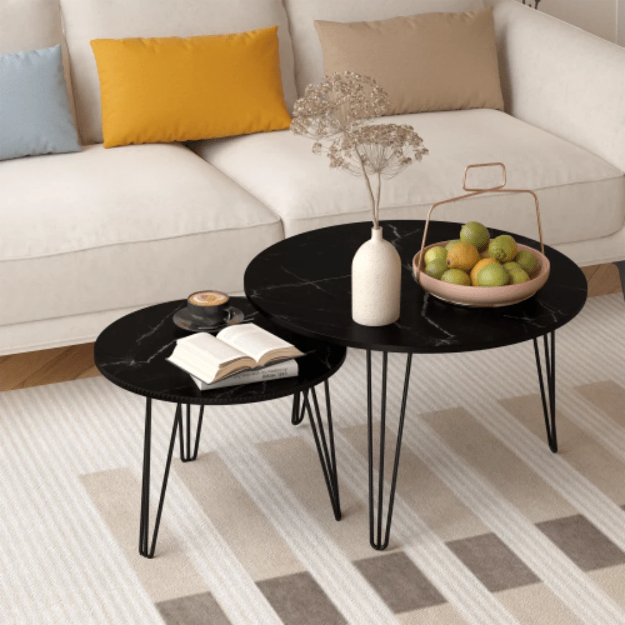 27.56'' Round Nesting Coffee Table Set Of 2, Circular Nesting End Table Set, Round Marble Tabletop, And Sturdy Metal Base For Living Room, Bedroom, Black - 黑色 - 查看 1