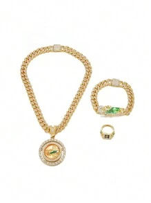 Hip Hop Men Rhinestone-Encrusted Religious St. Jude Necklace Personality Splice St. Jude Bracelet With Ring Rapper Suit