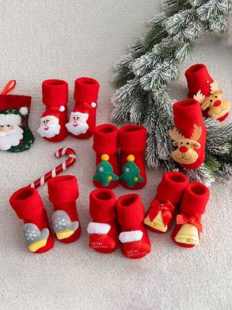6 Pairs Of Christmas Socks, Unisex Cute Cartoon Christmas Socks, Soft And Comfortable Casual Warm Fun Socks, Non-Slip Rubber Dot Floor Socks Thickened For Autumn And Winter, Christmas Halloween Gifts, Suitable For 1-3Y