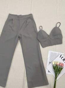 Elegant Tailored Set With Palazzo Pants And Cropped Top/DD032 - Grey - View 2