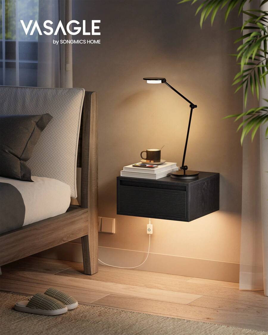 VASAGLE Nachttisch hängend, Leuchte mit 3 Farben, schwebendes Wandregal, Schublade, 35 x 40 x 18 cm, modern, Wohnzimmer Schlafzimmer - Schwarz - Übersicht 1