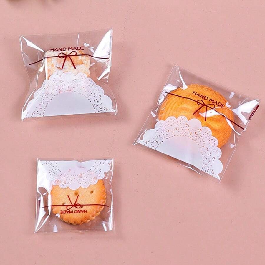 100 个自封包装袋，手工制作的食品礼品袋，带蕾丝蝴蝶结装饰 - 彩色 - 查看 1