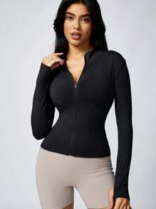 2pcs Women Fashion Solid Color Thumb Hole Long Sleeve Zipper Sports Top, Tight Outdoor Jacket