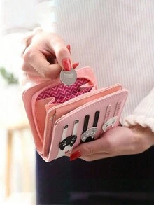 Cartoon Cute Cat Design Short Zip Closure Women Wallet, PU Leather Change Purse, Great Gift Idea For Students, Girls, Christmas - Pink Purse - Multicolor - View 3
