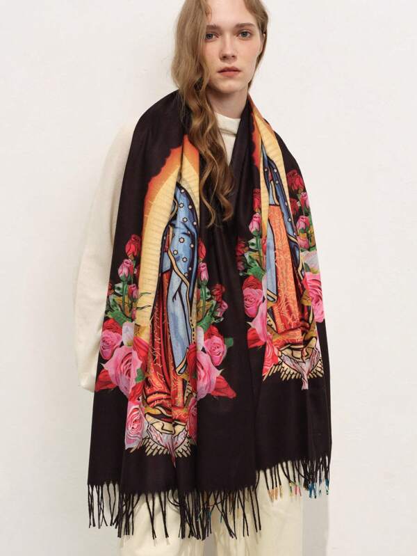 Elegante bufanda de poliéster con estampado, flecos con flecos, chal envolvente para mujeres, estilo maduro, a prueba de viento, cálido, decorativo para fiestas - Patrón retrato, tela sin estiramiento, sin plumas para invierno, otoño y San Valentín