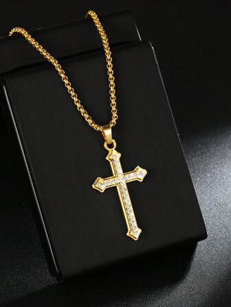 1 件新款简约个性水钻镶嵌不锈钢十字架项链，礼物，批发，跨境，高端，长毛衣链，镀金，水钻十字架吊坠项链，生日饰品，欧美时尚，嘻哈吊坠，饰品，适合男士日常佩戴