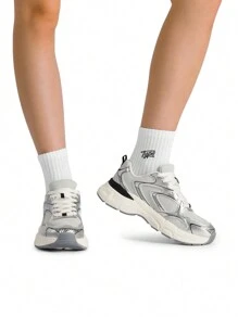 Women Platform Sneakers Fashion 2.35 Inch Chunky Heel Lace-Up Y2K-Style Sneakers Comfortable Tennis Lightweight Breathable Mesh Walking Casual Shoes - 銀色 - 查看 6