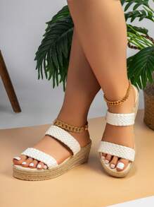Dames Resort Platform Sandalen Met Enkele Riem Linnen Zool Wedge Brede Pasvorm