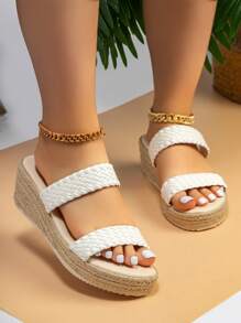 Dames Resort Platform Sandalen Met Enkele Riem Linnen Zool Wedge Brede Pasvorm